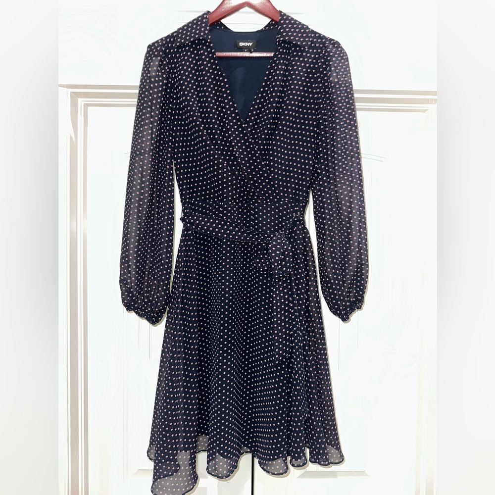 DKNY Navy Pink Polka Dot Sheer Faux Wrap Dress